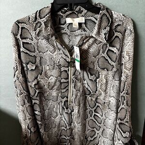 Michael Kors Gold Metal Zip V-Neck Roll Up LS Blouse Snake Print DUNE Large NWT